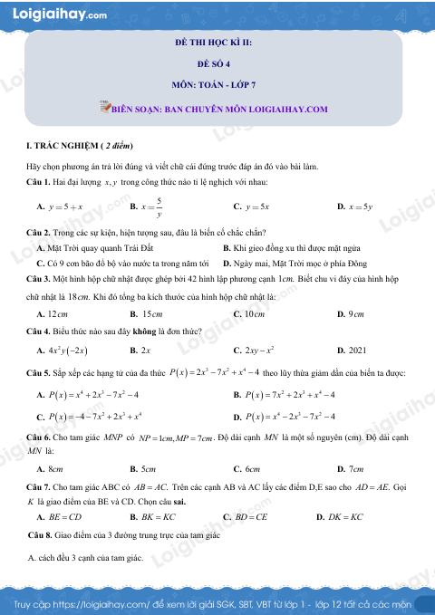 Đề thi học kì 2 Toán 7 - Đề số 4 - Kết nối tri thức